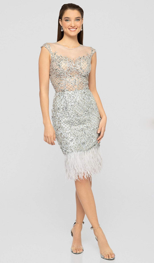 Terani Couture - 1911C9024 Embellished Illusion Jewel Feathered Dress In Silver