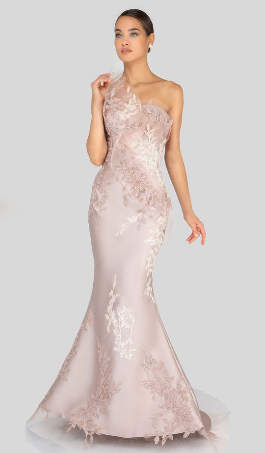 Terani Couture - 1911E9095 Embroidered Asymmetric Neck Mermaid Gown In Neutral