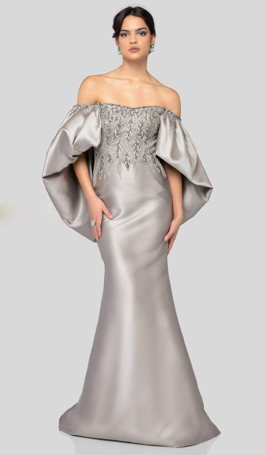 Terani Couture - 1911E9110 Beaded Off-Shoulder Capelet Mermaid Gown In Gray