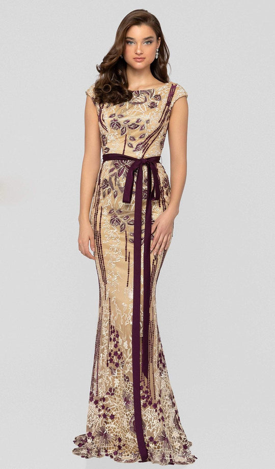 Terani Couture - 1911E9115 Floral Embroidered Bateau Evening Dress In Neutral and Red