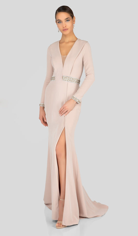 Terani Couture - 1911E9116 Long Sleeve High Slit Long Formal Dress In Neutral