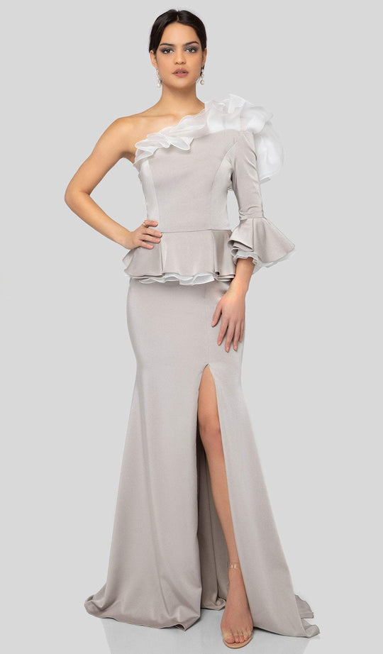 Terani Couture - 1911E9127 Ruffled Single Sleeve Trumpet Dress In Gray