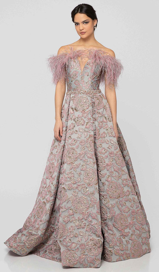 Terani Couture - 1911E9138 Fringed Off-Shoulder Pleated Ballgown In Pink and Gray