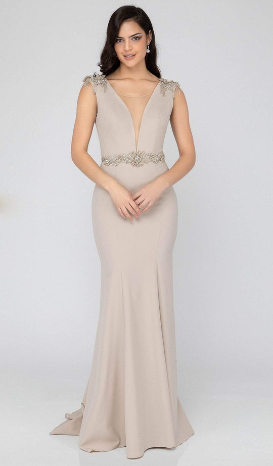 Terani Couture - 1911E9601 Illusion Plunging Embellished Mermaid Gown In Neutral