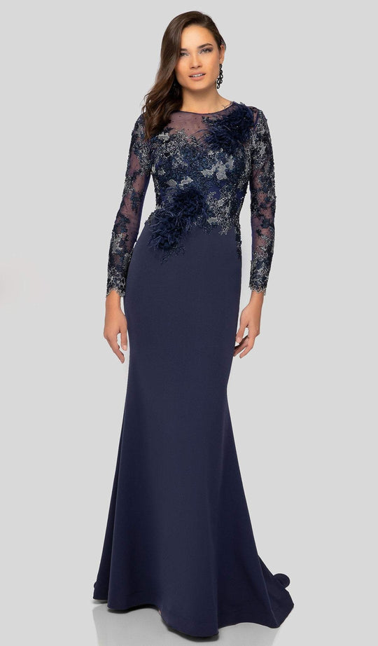 Terani Couture - 1911E9602 Illusion Applique Long Sleeve Trumpet Dress In Blue
