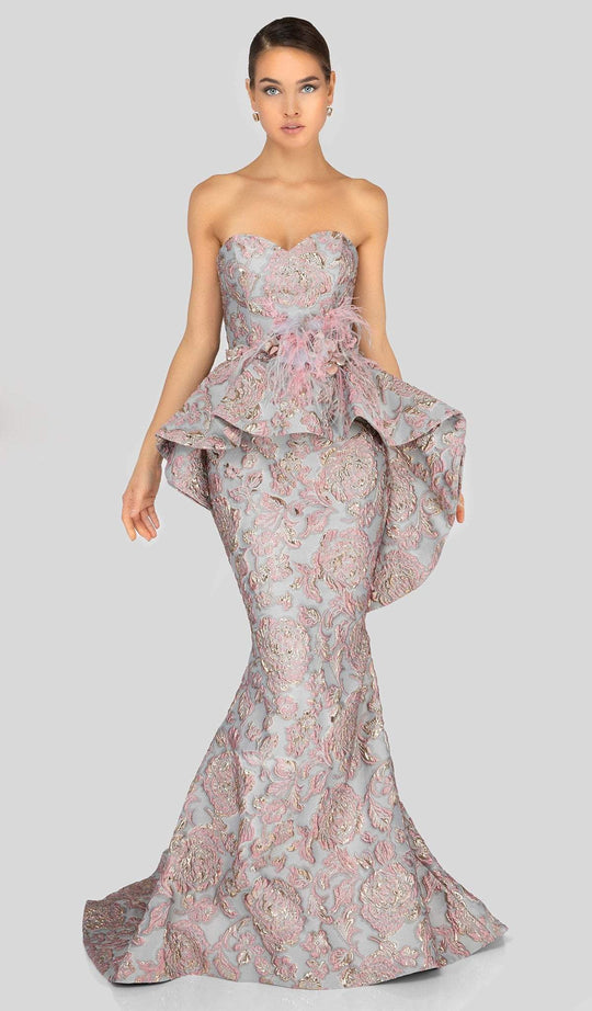 Terani Couture - 1911E9613 Floral Embossed Strapless Peplum Gown In Pink and Gray