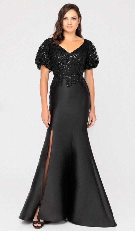 Terani Couture - 1911E9618 V-Neck Puffed Short Sleeves Mermaid Gown In Black