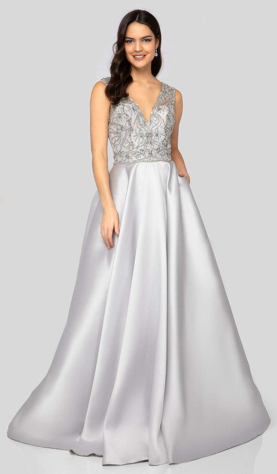 Terani Couture - 1911E9620 Lavishly Ornate V Neck A-line Prom Gown in Silver