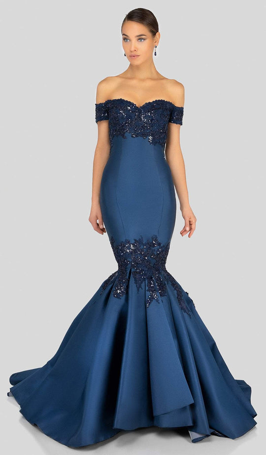 Terani Couture - 1911E9622 Embellished Off-Shoulder Mermaid Gown In Blue