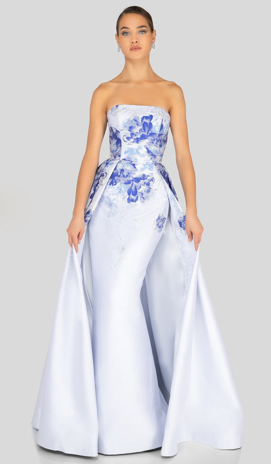Terani Couture - 1911E9624 Printed Strapless Pleated A-Line Gown In White and Blue