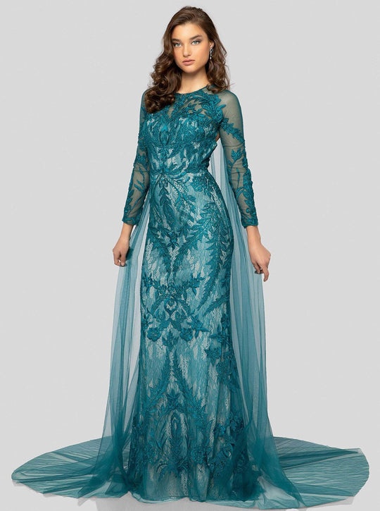Terani Couture - 1911GL9468 Leafy Embroidered Sheath Evening Dress In Blue and Green