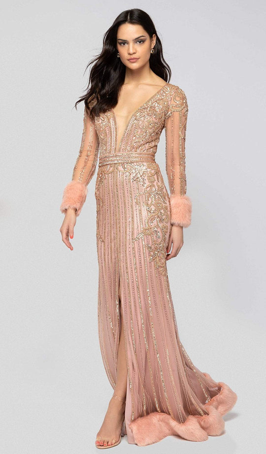 Terani Couture - 1911GL9499 Bead Embellished Plunging Evening Gown In Pink and Gold