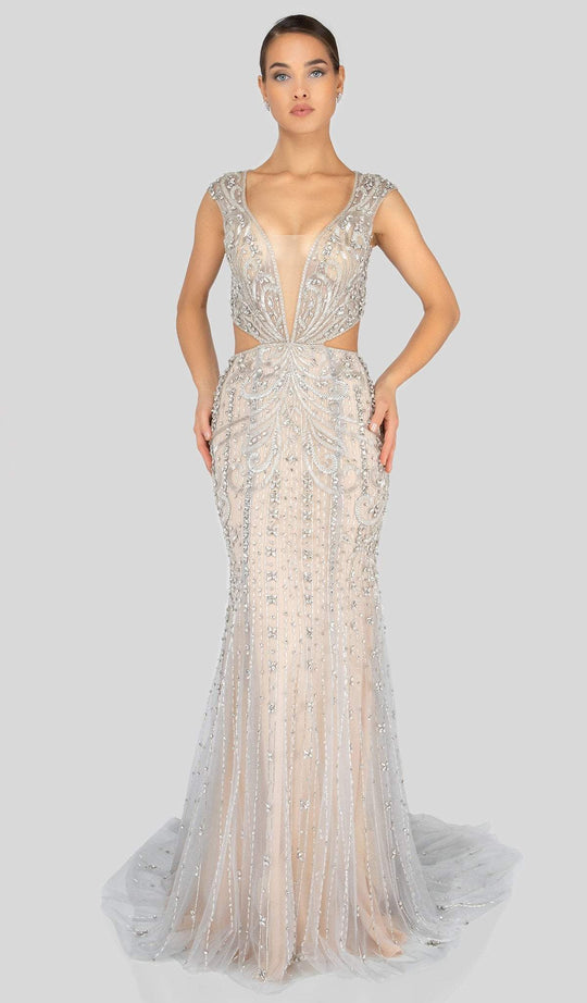 Terani Couture - 1911GL9500 Bead Embellished Cutouts Sheath Gown In Silver