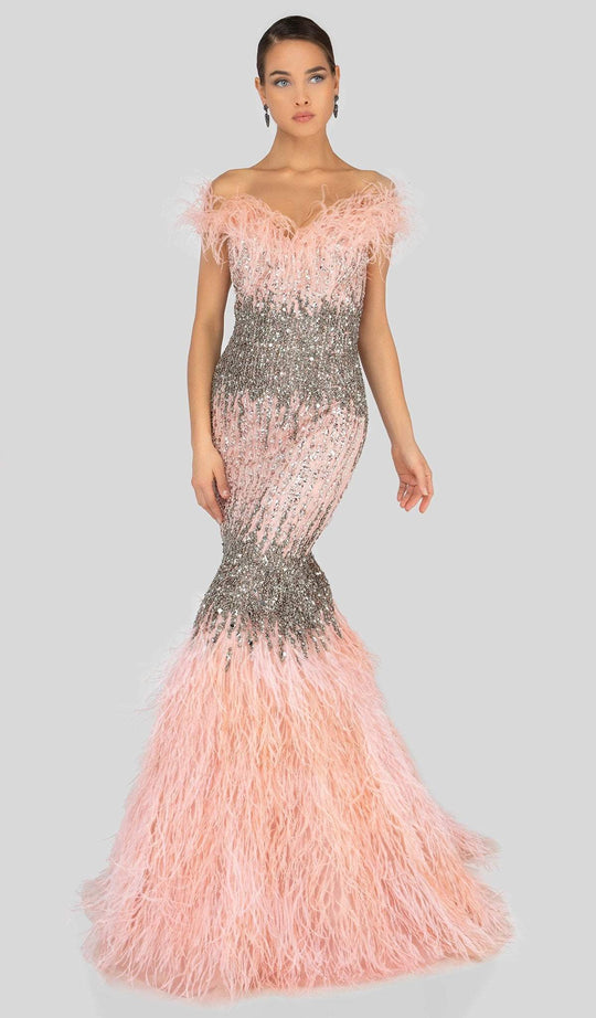 Terani Couture - 1911GL9512 Feather-Fringed Bejeweled Mermaid Gown In Gray and Pink