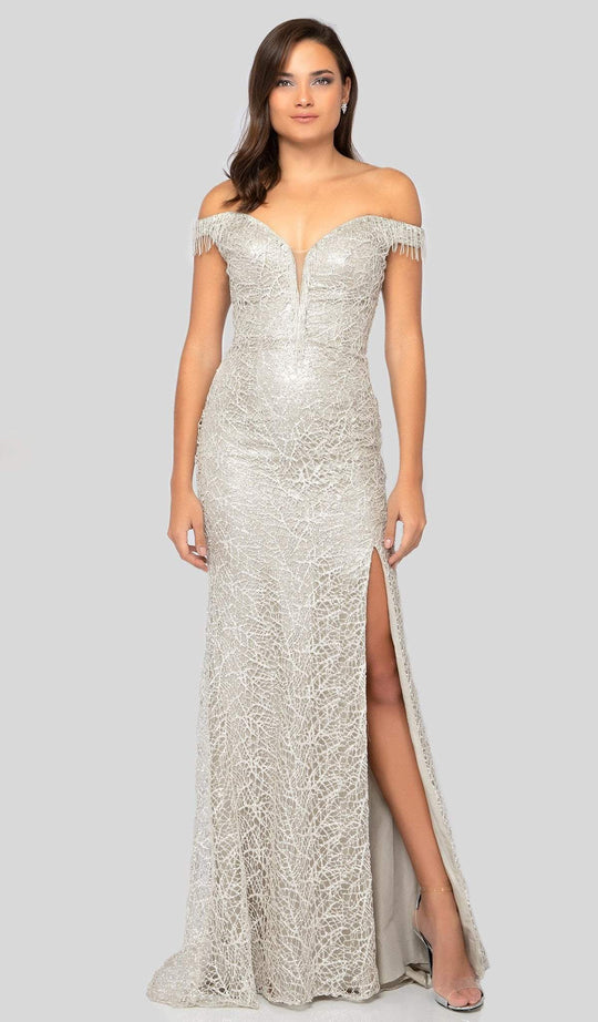 Terani Couture - 1911GL9516 Off-Shoulder Netted Gown with Slit In White and Silver