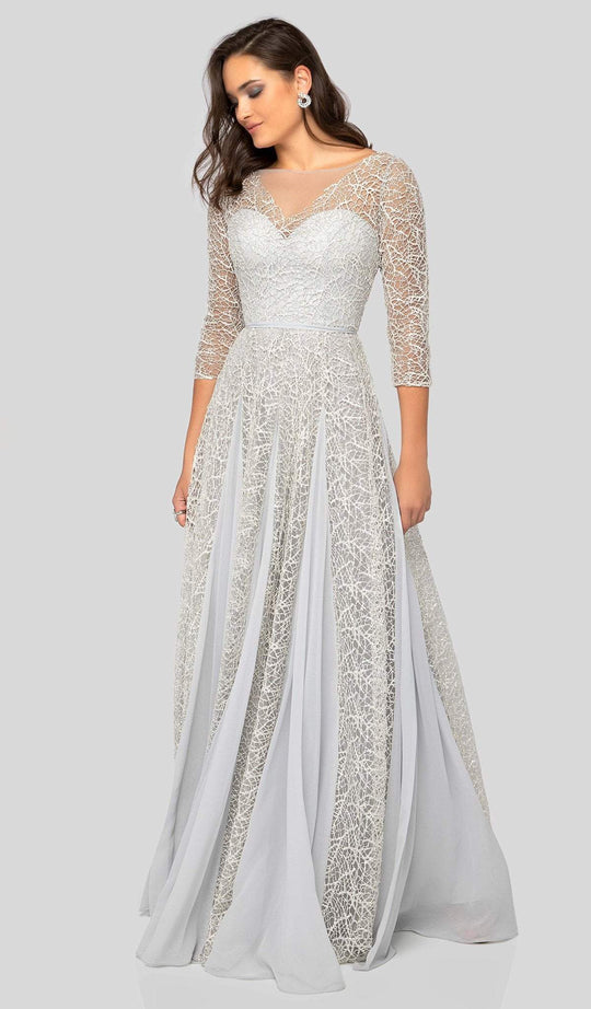 Terani Couture - 1911M9297 Illusion Bateau A-Line Evening Dress In White and Silver