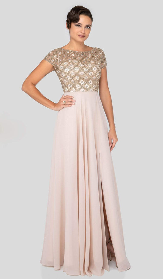 Terani Couture - 1911M9300 Beaded Short Sleeves A-Line Dress In Neutral