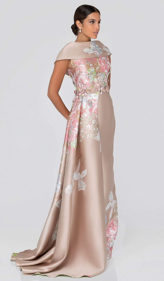 Terani Couture - 1911M9315 Floral Appliqued Cowl Evening Gown In Neutral and Silver
