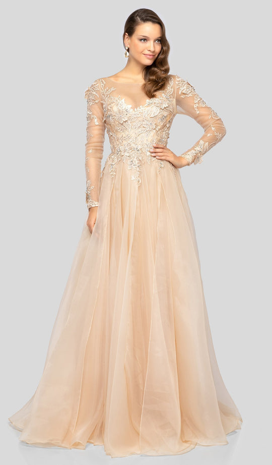 Terani Couture - 1911M9317 Long Sleeve Illusion Lace Appliqued Gown In Neutral