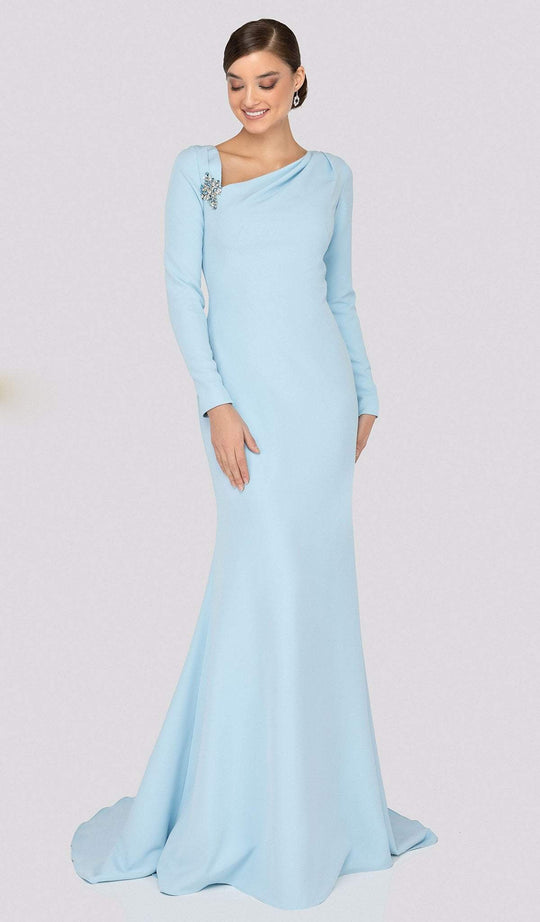 Terani Couture - 1911M9320 Asymmetric Neckline Long Sleeve Formal Gown In Blue
