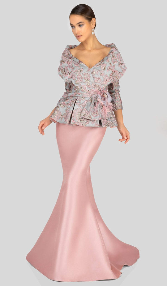 Terani Couture - 1911M9322 Embossed V-Neck Peplum Mermaid Gown In Pink and Gray