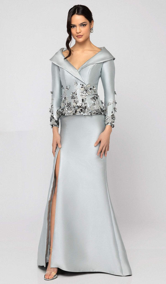 Terani Couture - 1911M9323 Beaded Floral Appliqued Trumpet Gown In Silver and Gray