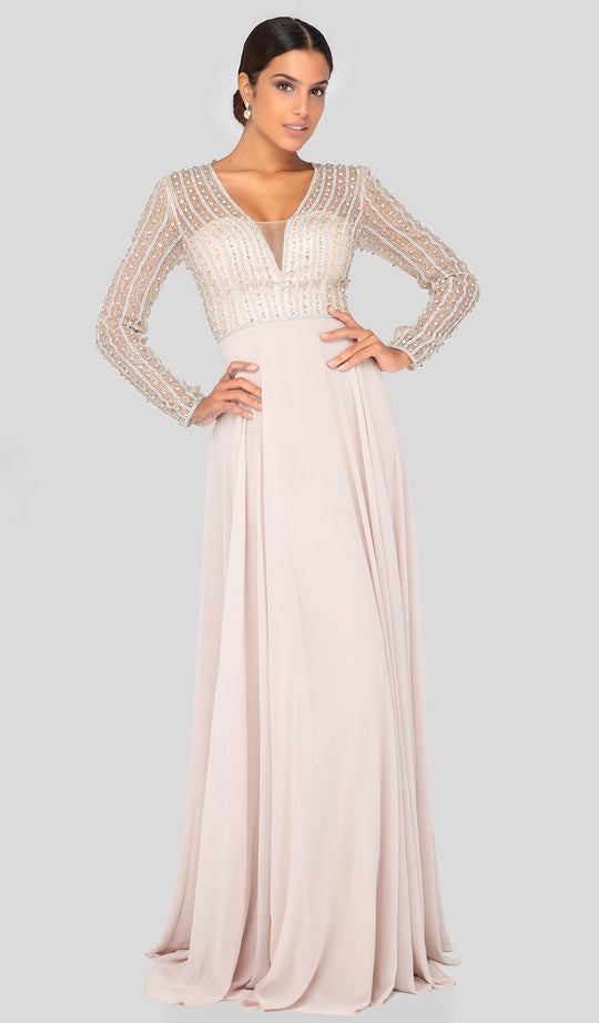 Terani Couture - 1911M9326 Bead-Striped Sheer Long Sleeve Chiffon Gown In Neutral