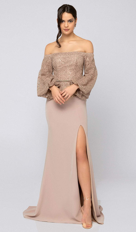 Terani Couture - 1911M9328 Sheer Bishop Sleeve Lace Peplum Gown In Brown