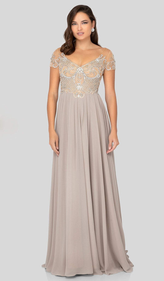 Terani Couture - 1911M9333 Beaded Sheer A-Line Evening Gown In Brown