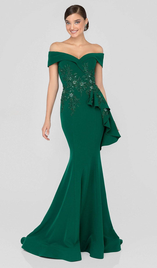 Terani Couture - 1911M9339 Off Shoulder Side Drape Peplum Mermaid Gown in Green
