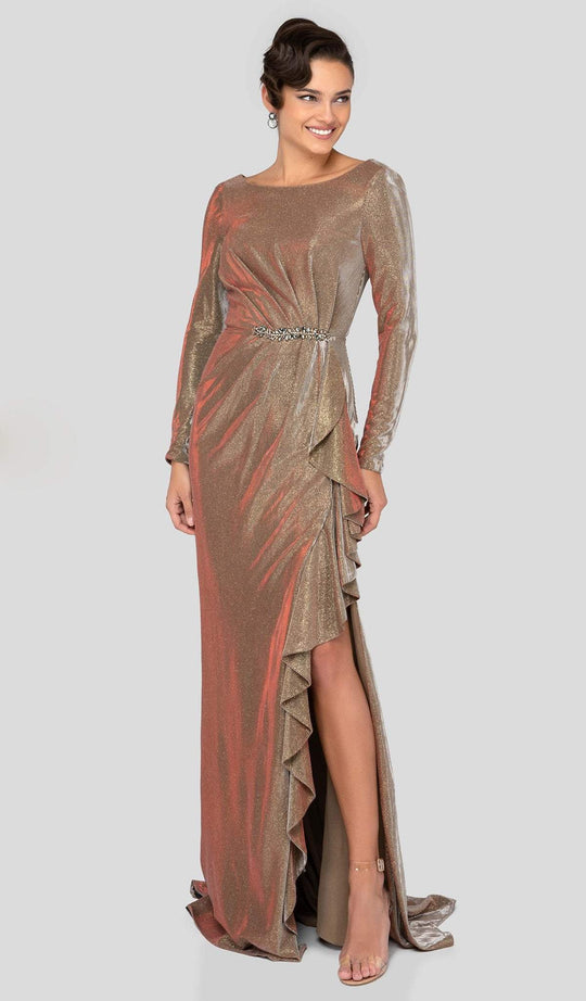 Terani Couture - 1911M9343 Pleated Long Sleeves Gown with Slit In Brown and Gold