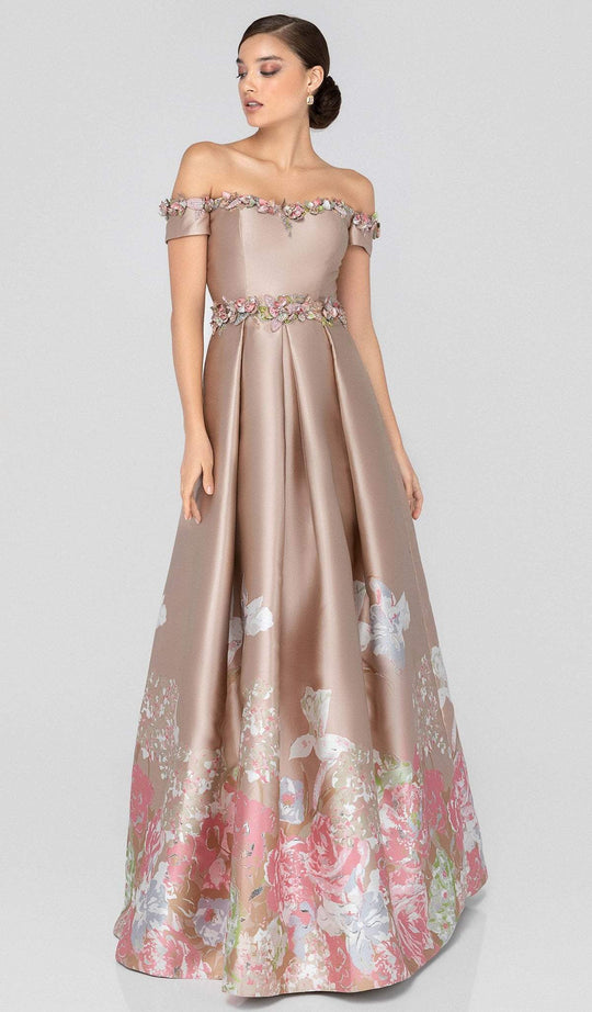 Terani Couture - 1911M9661 Floral Appliqued Off-Shoulder A-Line Gown In Neutral and Silver