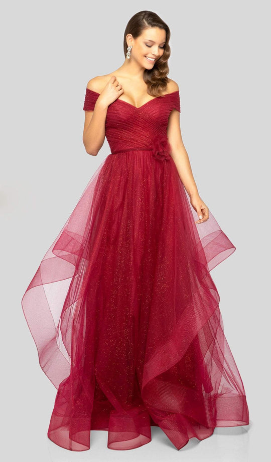 Terani Couture - 1911M9665 Off Shoulder Pleated Glitter Tulle Gown In Red
