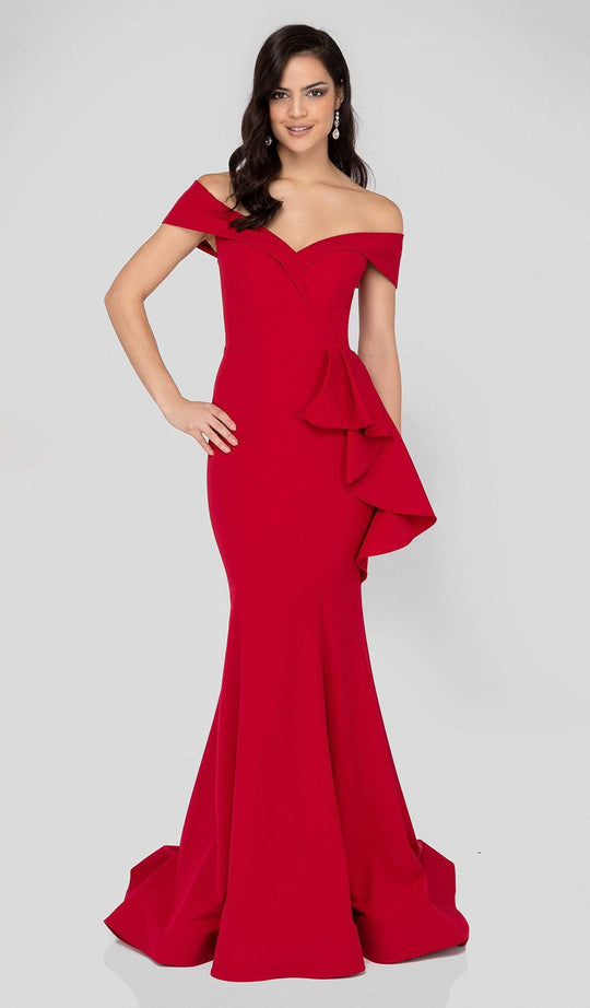 Terani Couture - 1911M9668 Off Shoulder Peplum Accent Mermaid Gown In Red