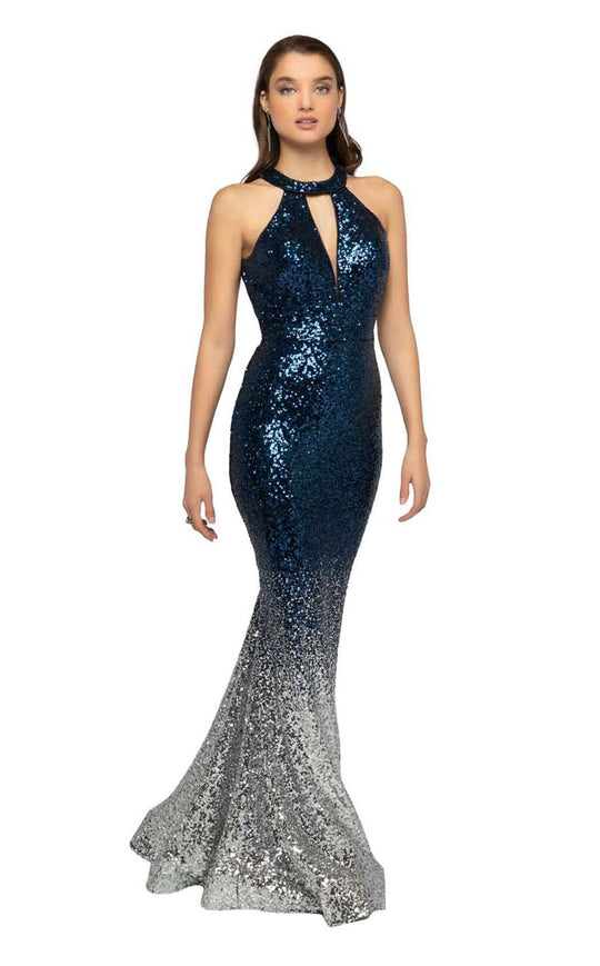 Terani Couture - 1911P8177 Ombre Sequined Halter Cutout Gown