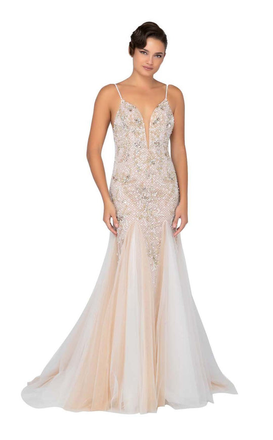 Terani Couture - 1911P8356 Beaded Deep V-neck Trumpet Dress With Train