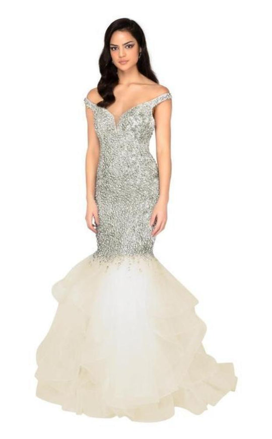 Terani Couture - 1911P8363 Crystal Studded Off Shoulder Mermaid Gown