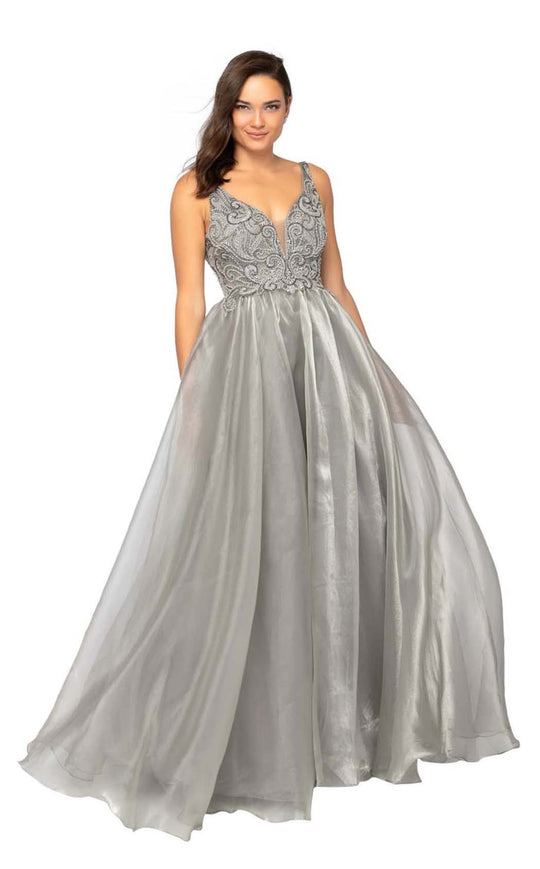 Terani Couture - 1911P8538 Beaded Deep V-neck Organza Ballgown