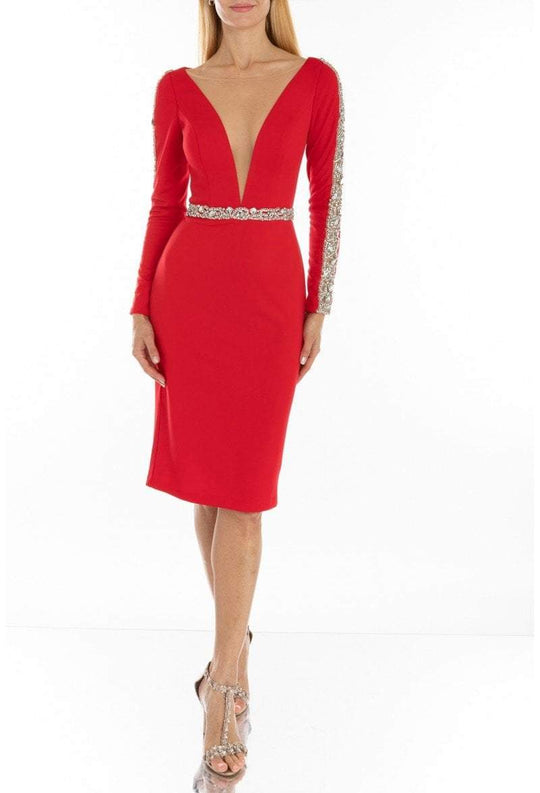 Terani Couture - 1911C9009 Plunging Illusion Beaded Long Sleeve Dress In Red