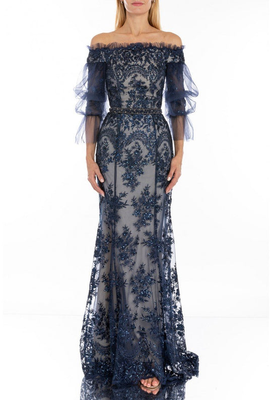 Terani Couture - 1911E9606 Bedazzled Off-Shoulder Sheath Dress In Blue