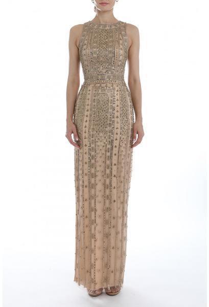 Terani Couture - 1911GL9470 Beaded Jewel Neck Sheath Dress In Brown and Silver