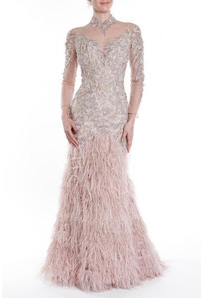 Terani Couture - 1911GL9477 Embellished High Neck Feathered Dress In Brown and Pink