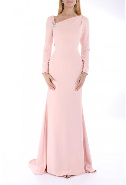 Terani Couture - Asymmetric Neckline Long Sleeve Formal Gown 1911M9320 In Pink