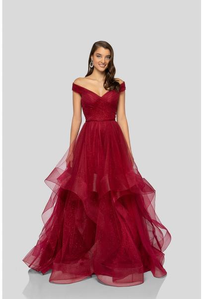 Terani Couture - 1911P8019 Off Shoulder Glitter Tulle Ruffled Gown In Red