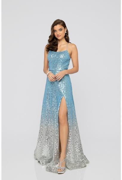 Terani Couture - 1911P8176 Ombre Sequined High Slit Gown In Blue and Silver