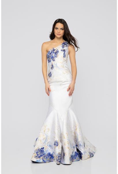 Terani Couture - 1911P8637 Metallic Print Floral Applique Mermaid Gown In White and Blue