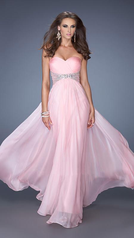 La Femme - Ruched Strapless A Line Gown in Pink