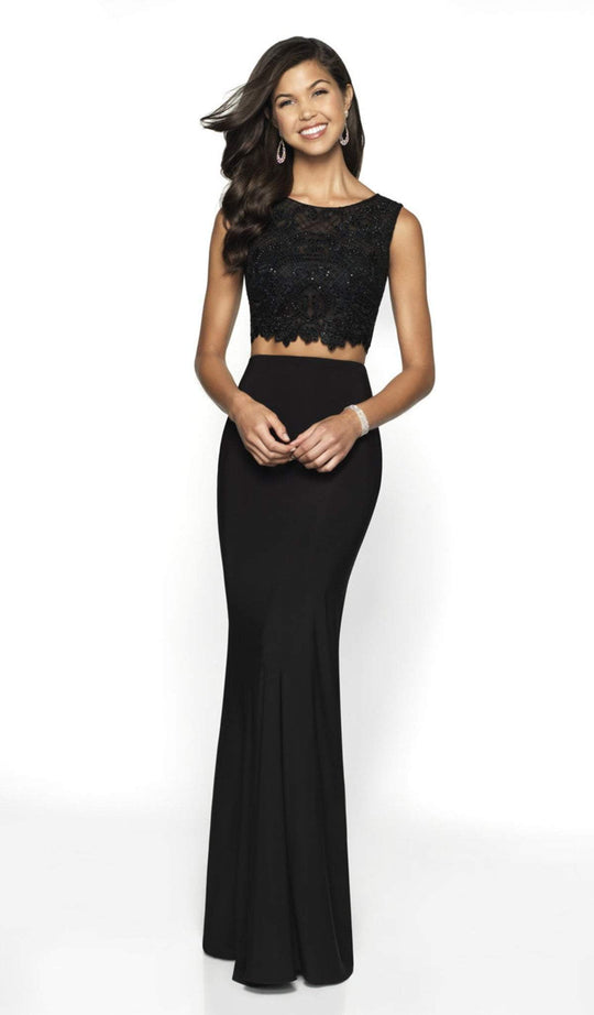 Flair Prom - 19127 Two Piece Lace Satin Trumpet Dress In Black