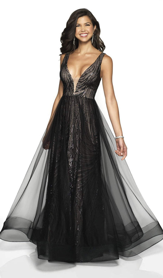 Flair Prom - 19128 Sequined Deep V-neck Tulle A-line Dress In Black