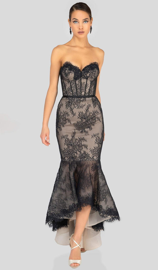 Terani Couture - 1912C9036 Sweetheart Lace Trumpet High Low Dress In Black and Neutral